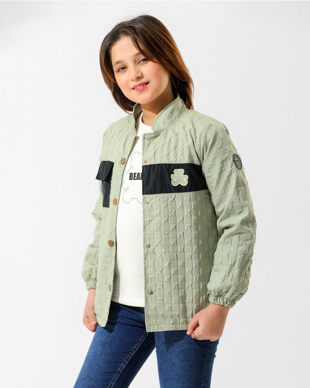 Girls Bear Print Quilted Jacket & T-Shirt Set | Mint - Remint Kids Fashion