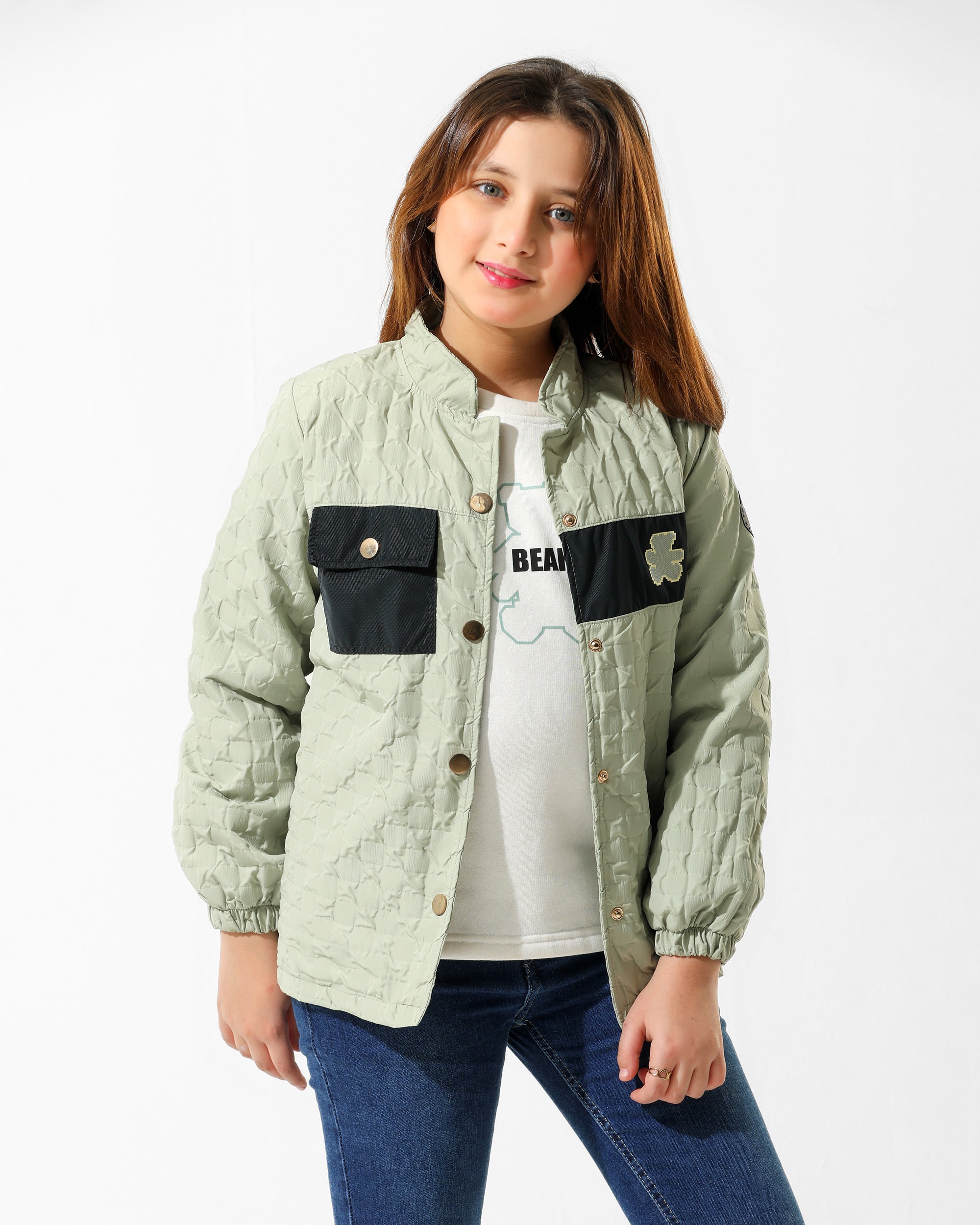 Girls Bear Print Quilted Jacket & T-Shirt Set | Mint - Remint Kids Fashion