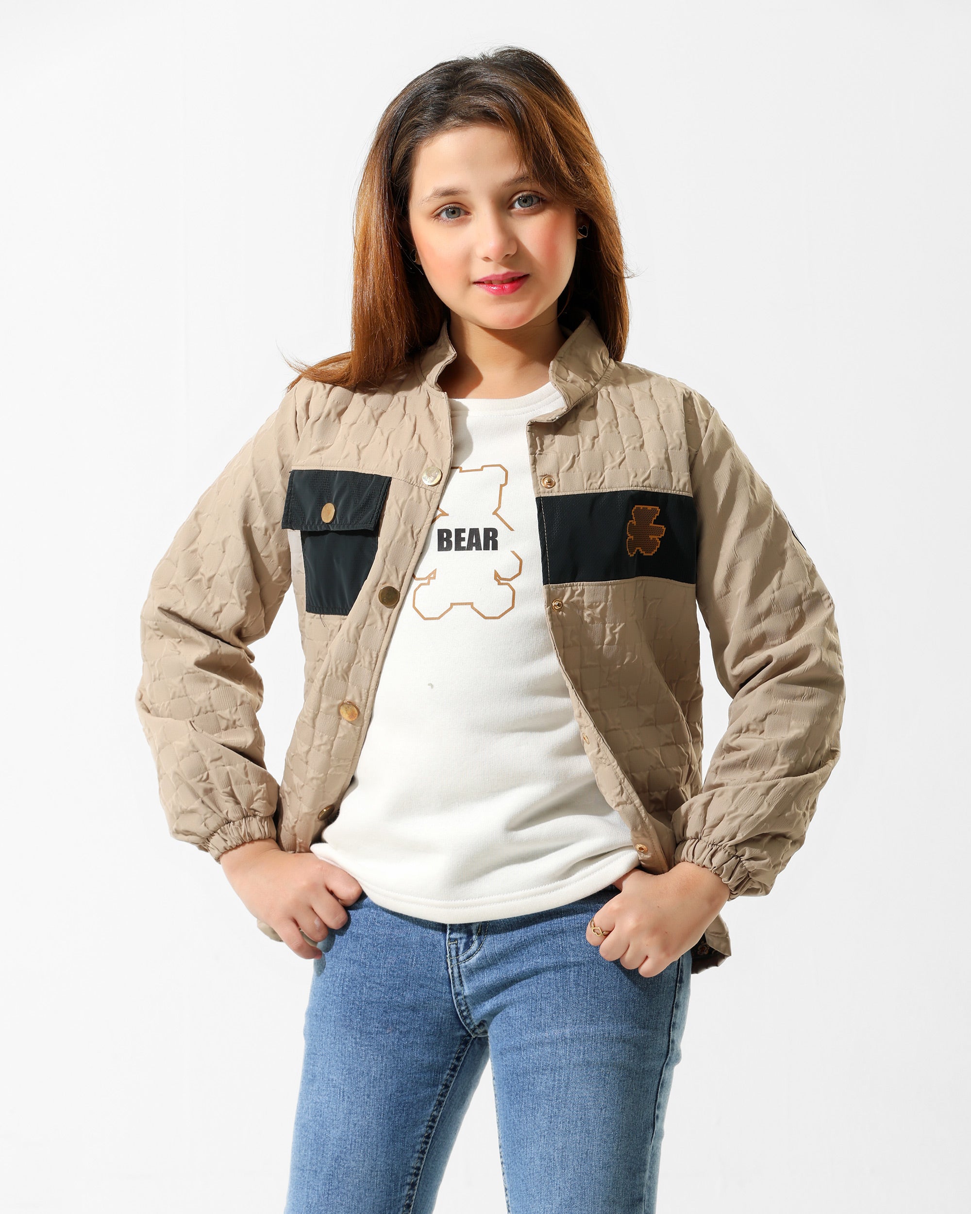 Girls Bear Print Quilted Jacket & T-Shirt Set | Beige - Remint Kids Fashion
