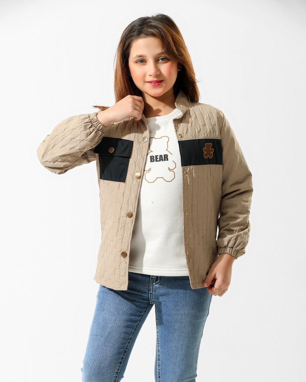 Girls Bear Print Quilted Jacket & T-Shirt Set | Beige - Remint Kids Fashion