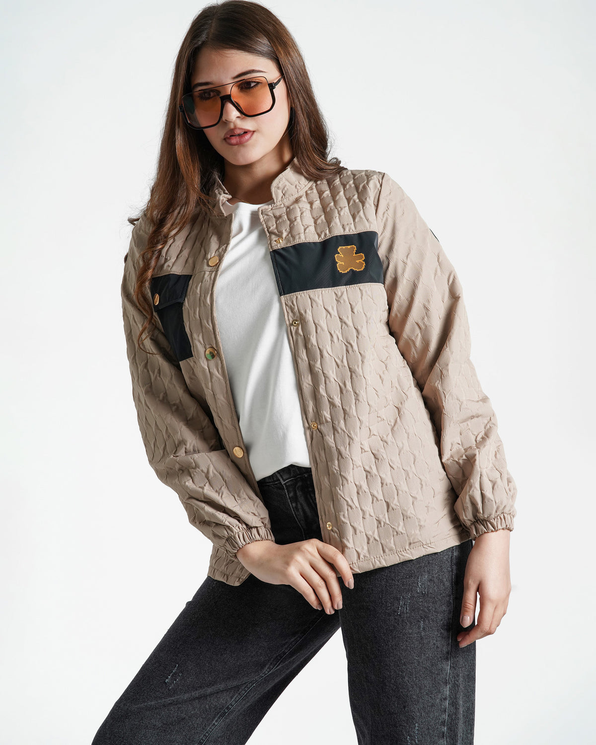 Teen Girls Quilted Contrast-Pocket Jacket | Beige - Remint Kids Fashion