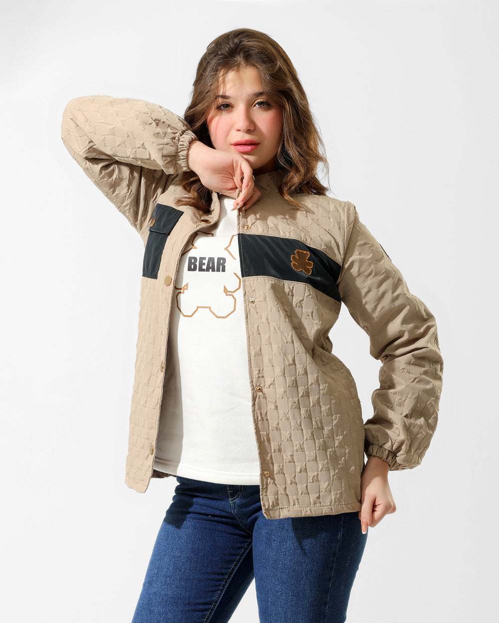 Girls Bear Graphic Quilted Jacket & T-Shirt Set | Beige - Remint Kids Fashion