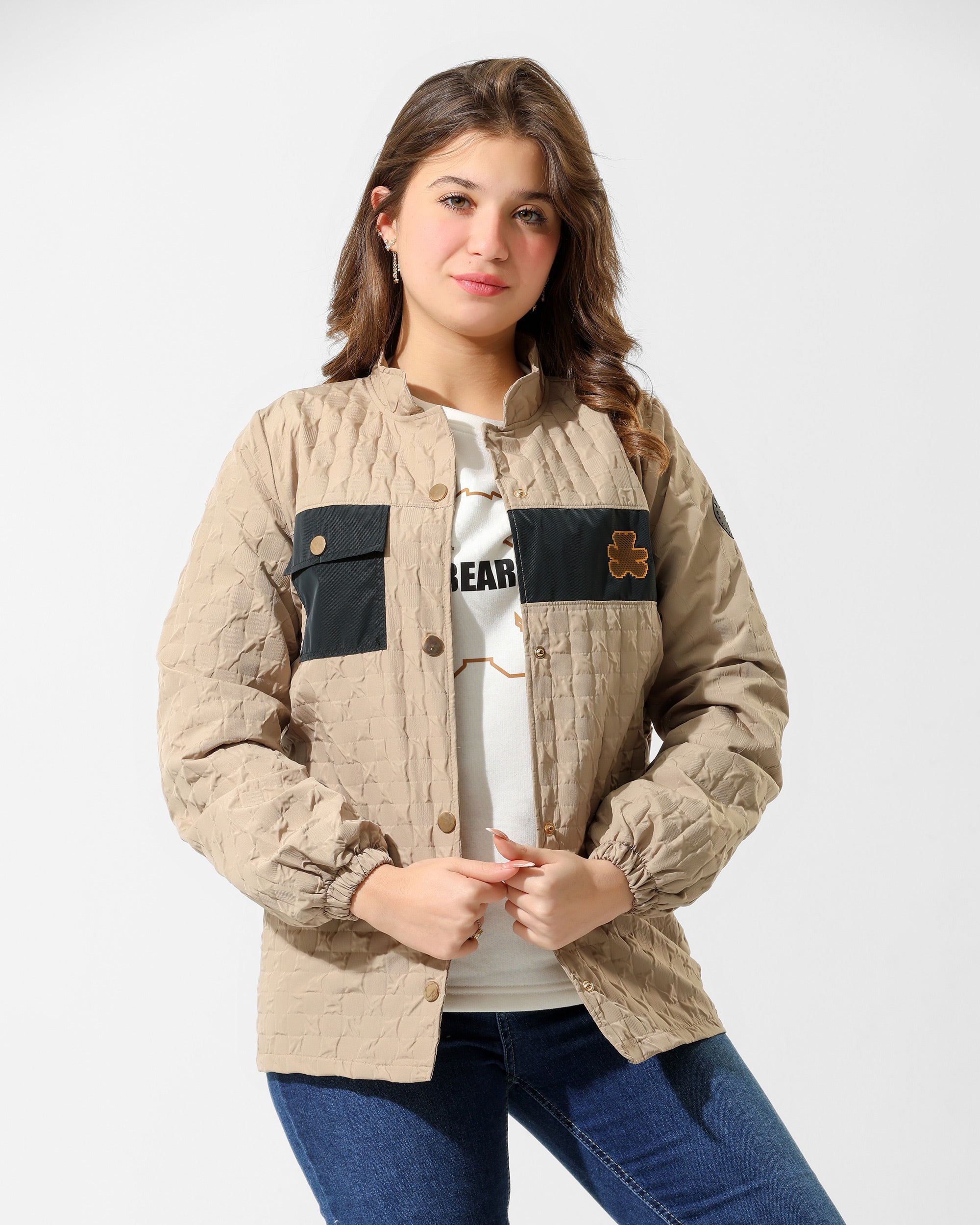 Girls Bear Graphic Quilted Jacket & T-Shirt Set | Beige - Remint Kids Fashion