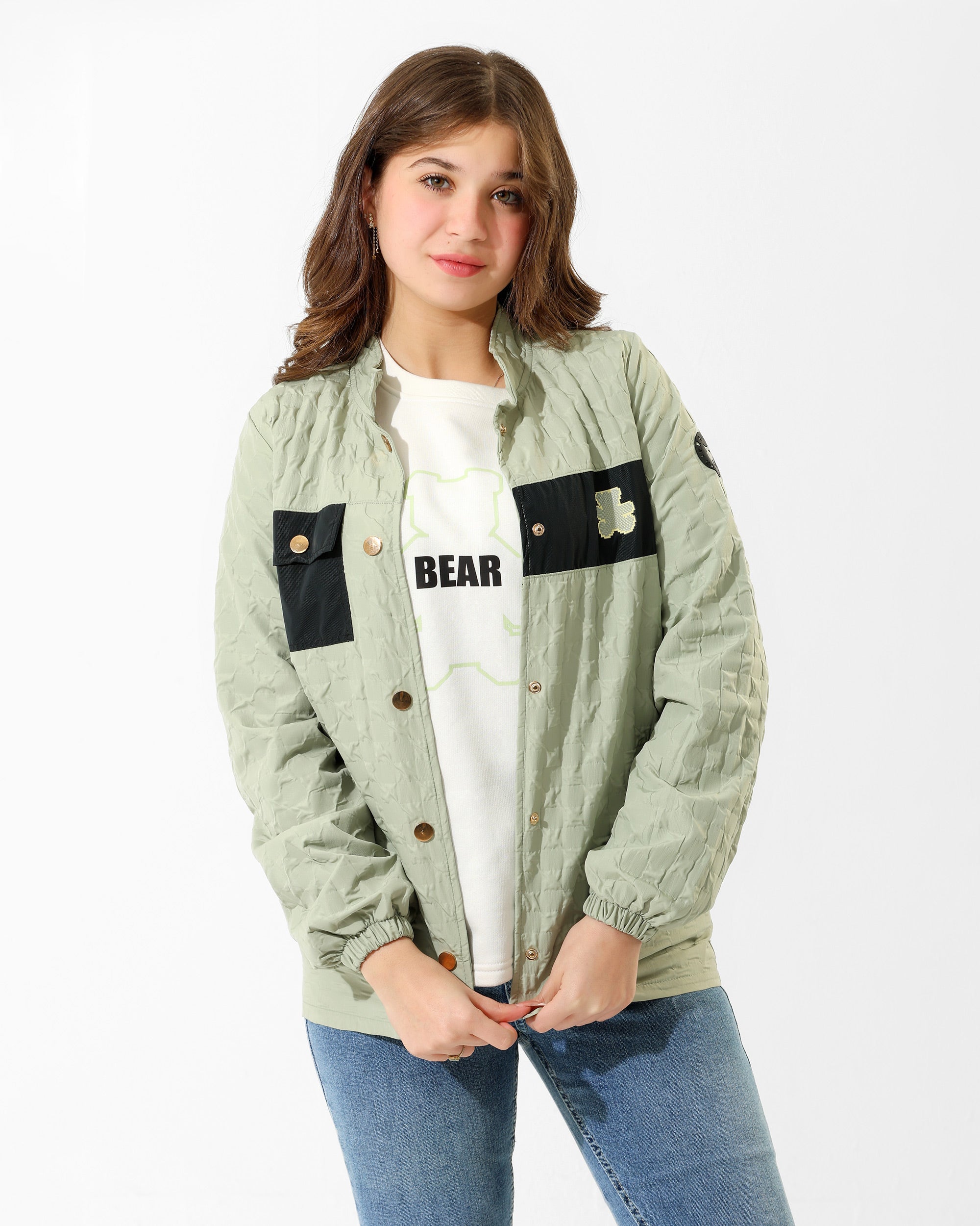 Girls Bear Graphic Quilted Jacket & T-Shirt Set | Mint - Remint Kids Fashion