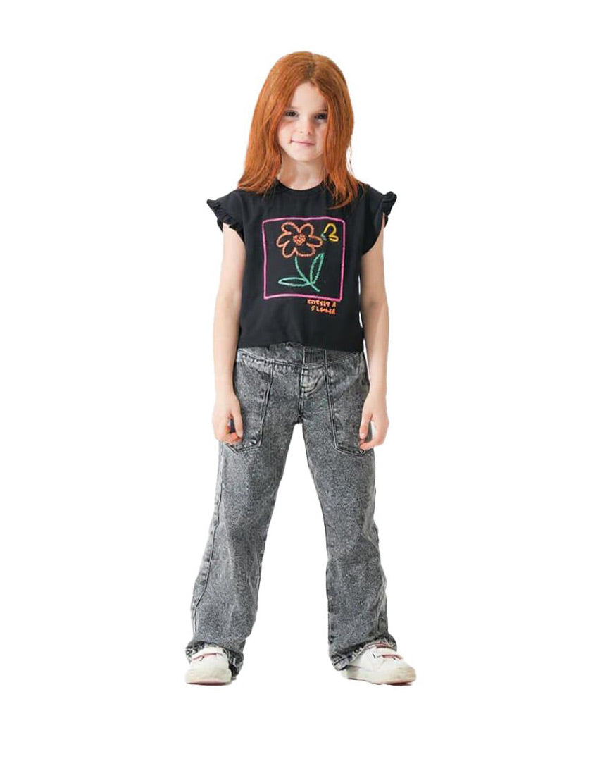 Girls Neon Flower Graphic Ruffle Sleeve T-Shirt | Black - Remint Kids Fashion