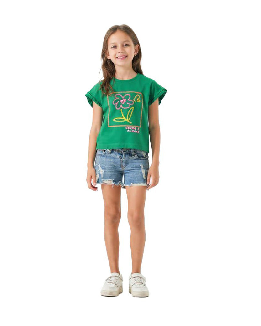 Girls Neon Flower Graphic Ruffle Sleeve T-Shirt | Green - Remint Kids Fashion