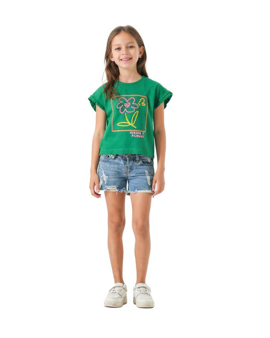 Girls Neon Flower Graphic Ruffle Sleeve T-Shirt | Green - Remint Kids Fashion