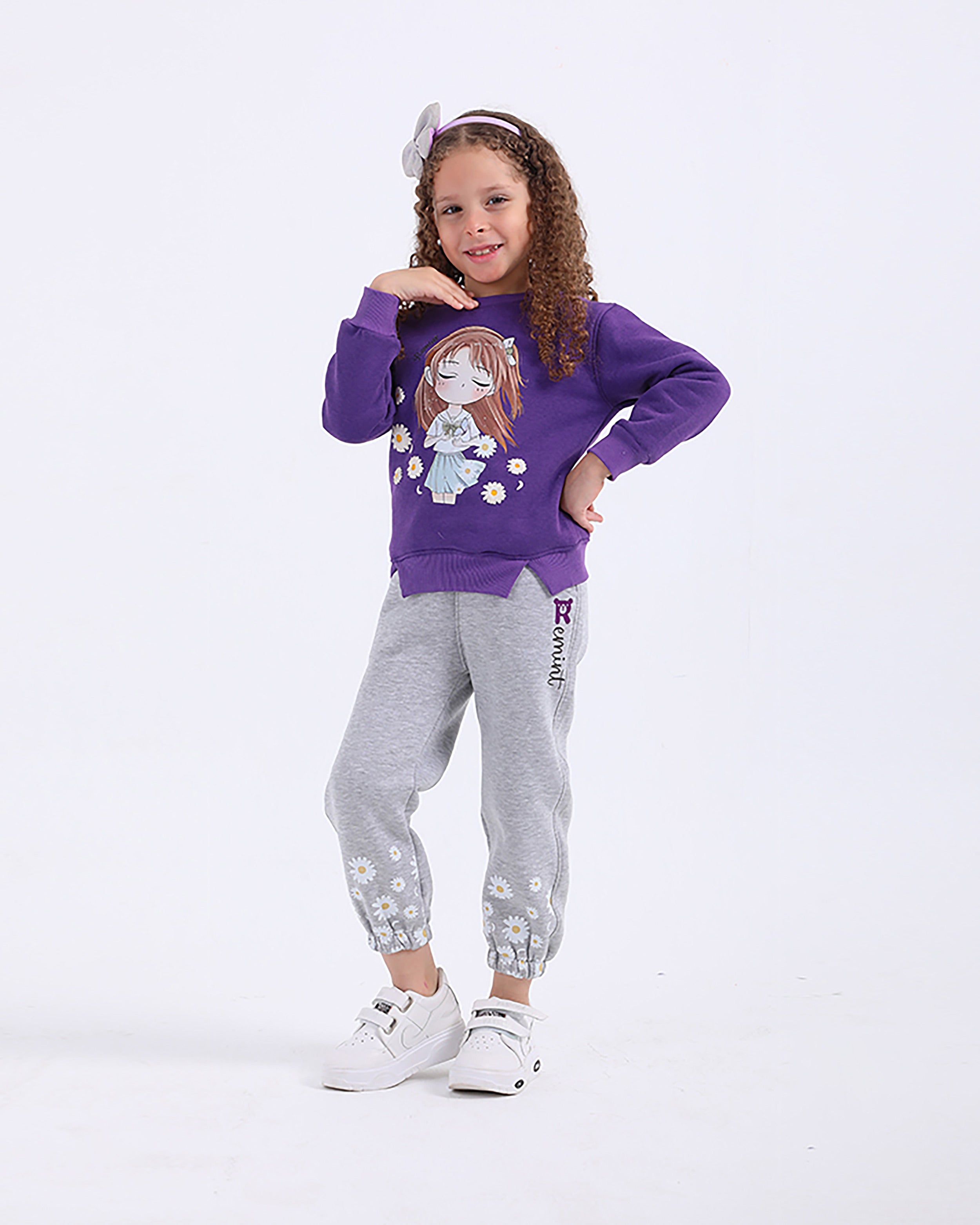 Girls Cotton Sweatshirt & Jogger Set | Purple - Remint Kids Fashion