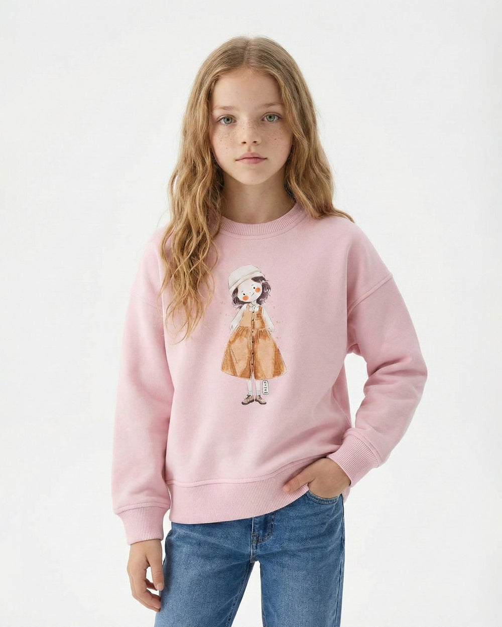 Girls Cute Girl Illustration Sweatshirt | Rose Pink - Remint Kids Fashion