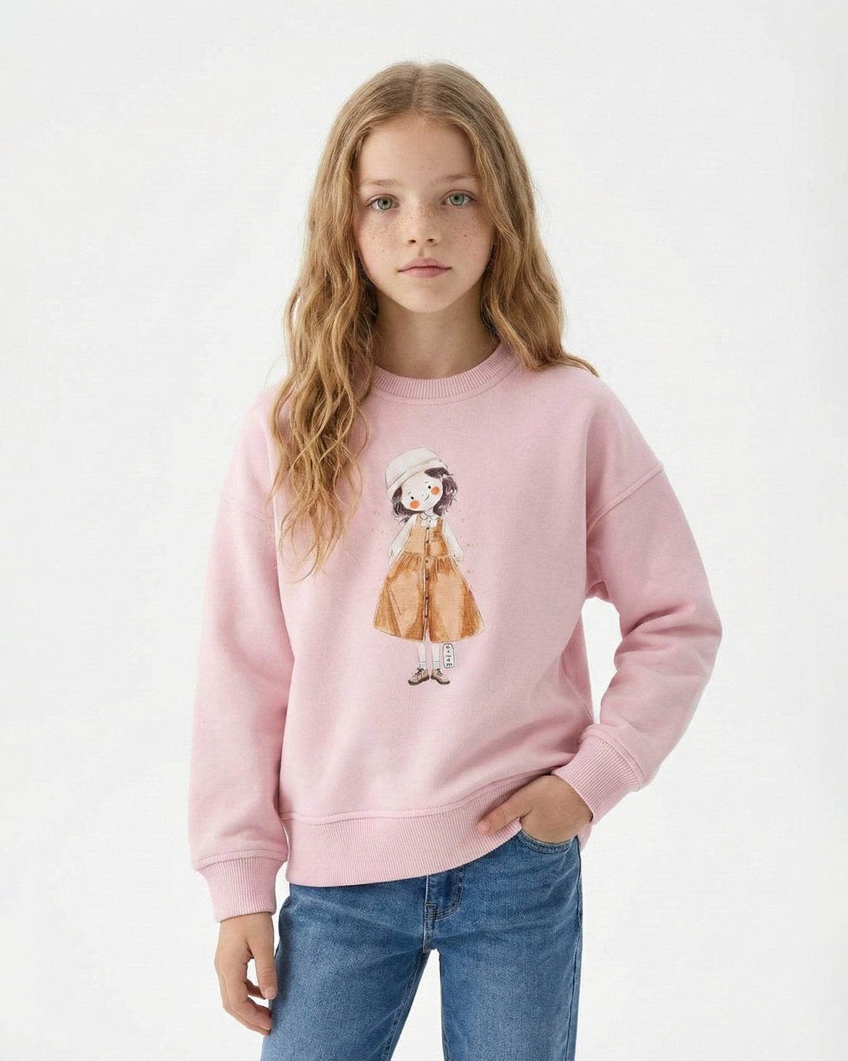 Girls Cute Girl Illustration Sweatshirt | Rose Pink - Remint Kids Fashion