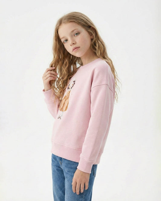 Girls Cute Girl Illustration Sweatshirt | Rose Pink - Remint Kids Fashion