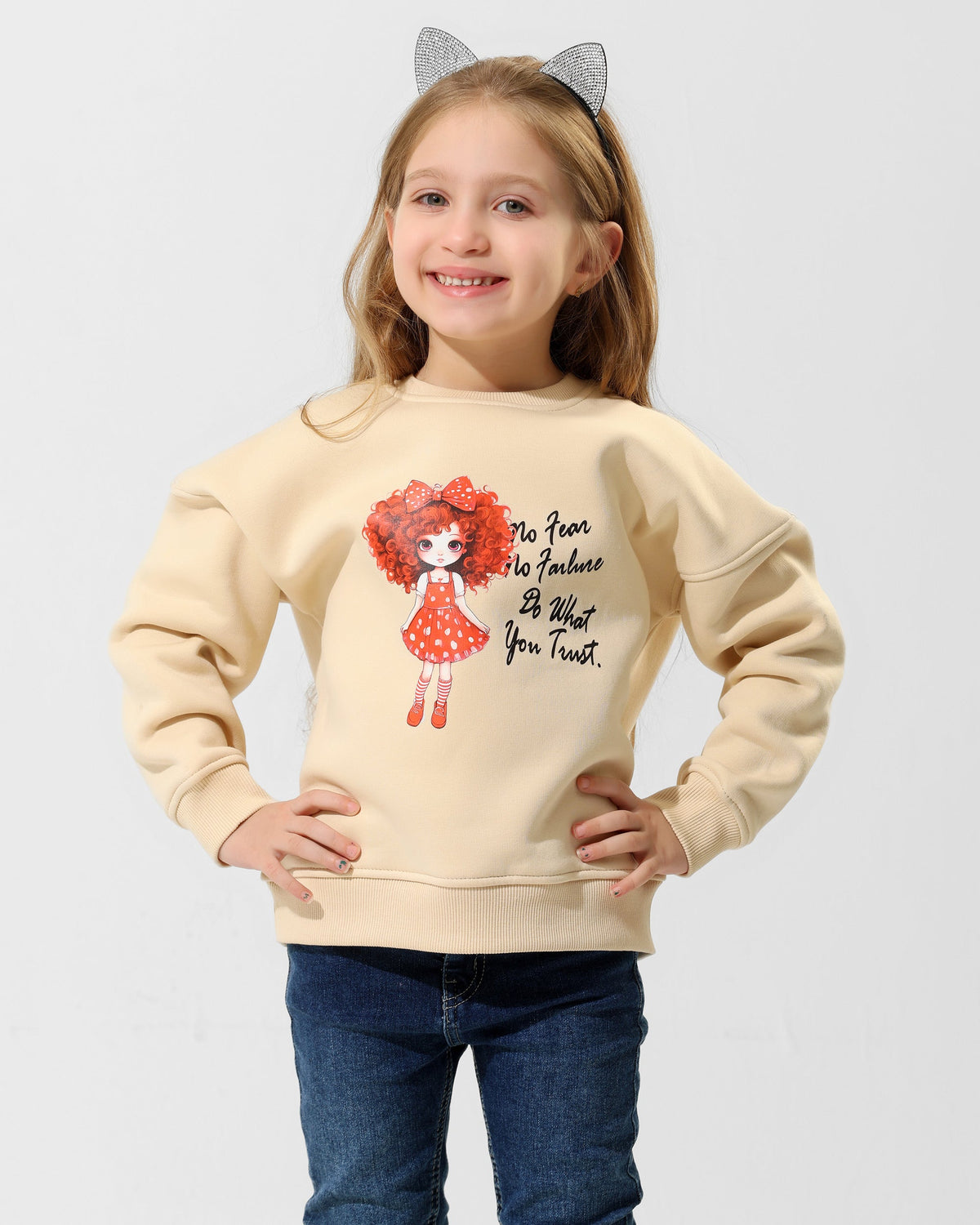 Girls Cute Character Graphic Sweatshirt | Beige - Remint Kids Fashion