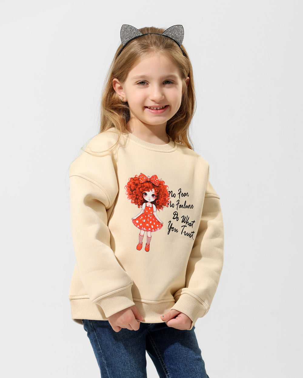 Girls Cute Character Graphic Sweatshirt | Beige - Remint Kids Fashion