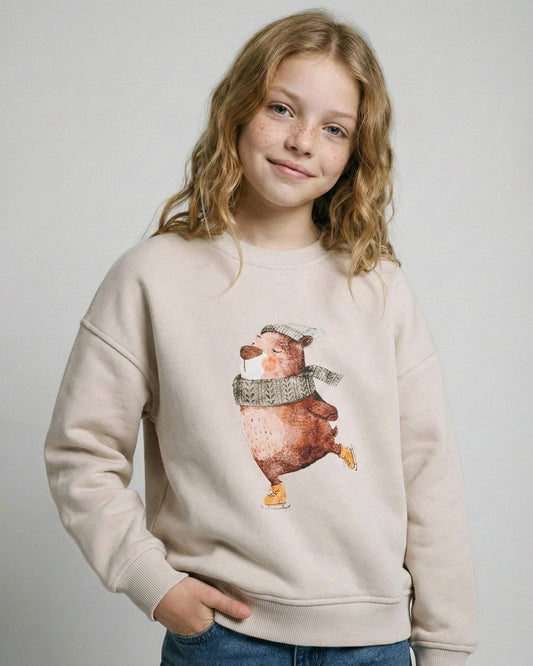 Girls Cute Bear Graphic Sweatshirt | Beige - Remint Kids Fashion