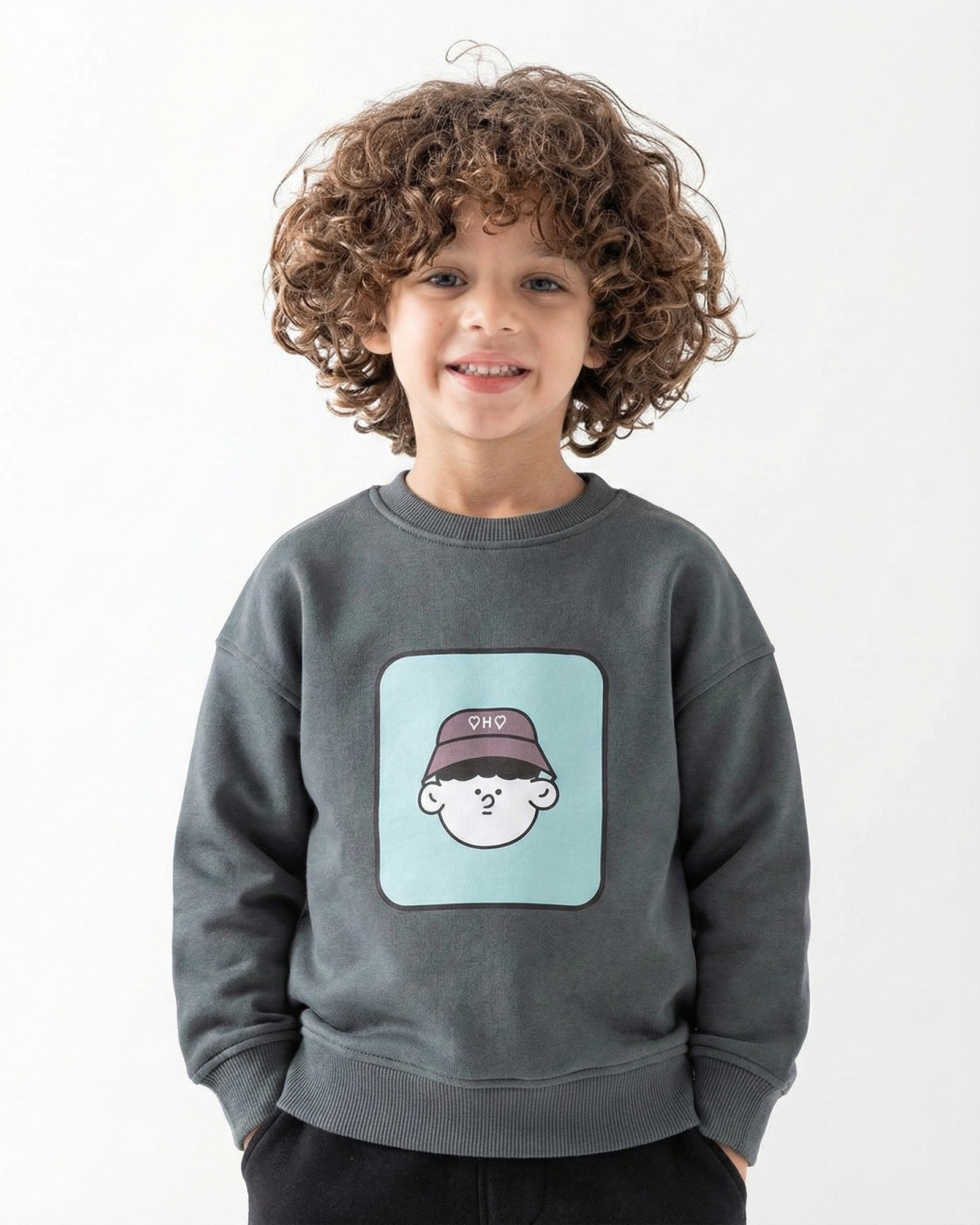 Boys Cartoon Faces Print Sweatshirt | Dark Grey - Remint Kids Fashion