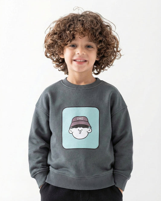 Boys Cartoon Faces Print Sweatshirt | Dark Grey - Remint Kids Fashion