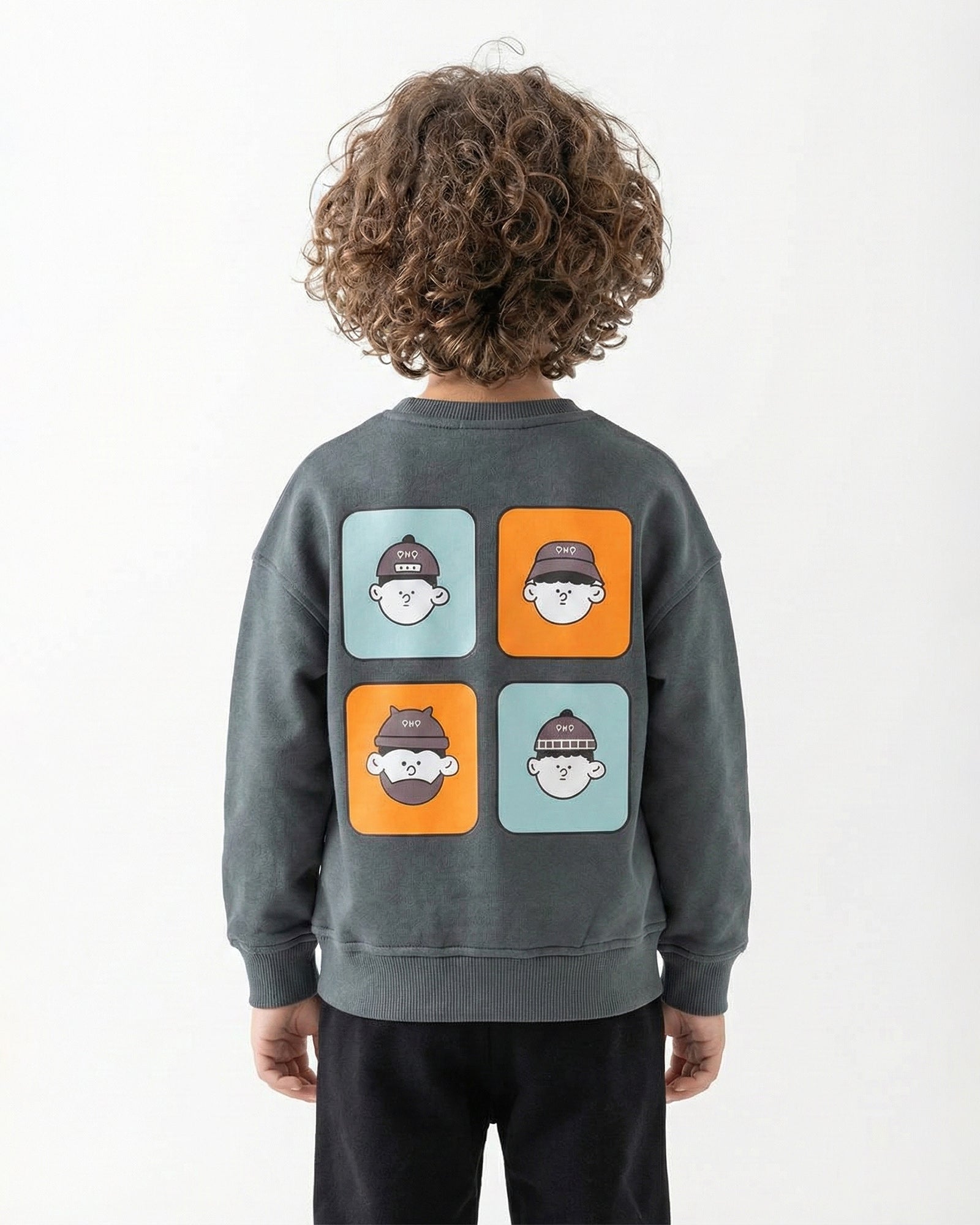 Boys Cartoon Faces Print Sweatshirt | Dark Grey - Remint Kids Fashion