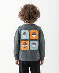Boys Cartoon Faces Print Sweatshirt | Dark Grey - Remint Kids Fashion