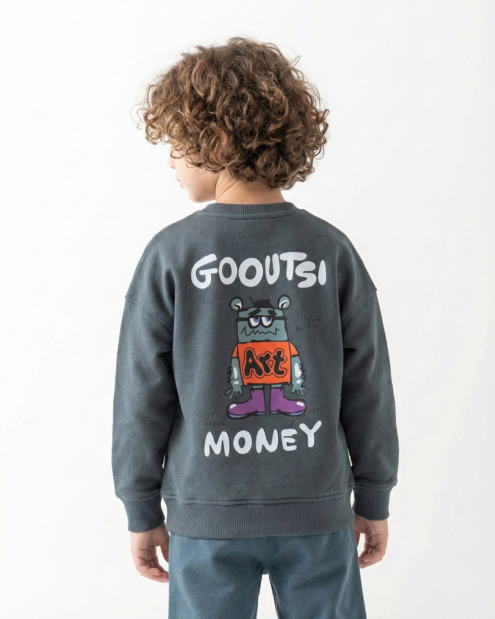 Boys Cartoon Statement Sweatshirt | Dark Grey - Remint Kids Fashion