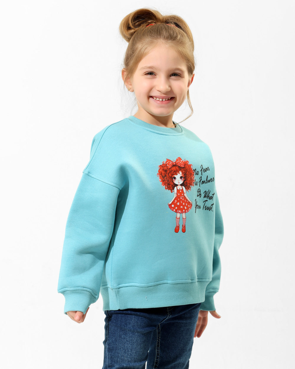 Girls Cute Doll Graphic Sweatshirt | Turquoise - Remint Kids Fashion