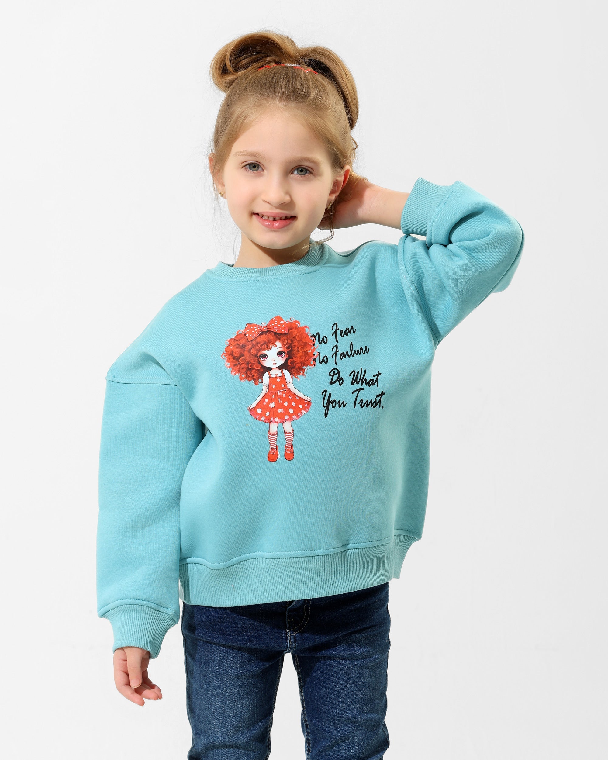 Girls Cute Doll Graphic Sweatshirt | Turquoise - Remint Kids Fashion