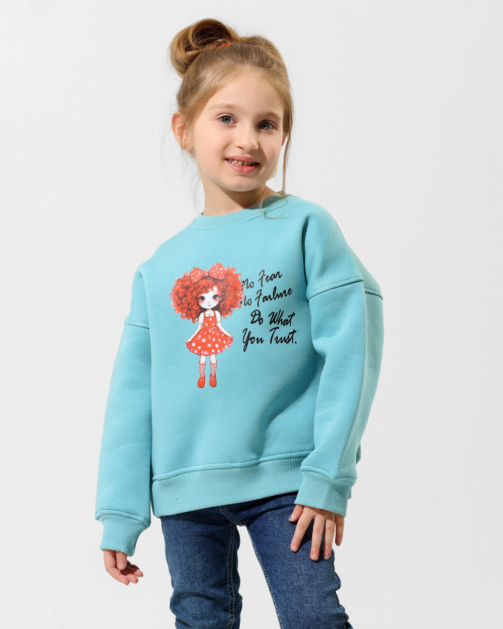Girls Cute Doll Graphic Sweatshirt | Turquoise - Remint Kids Fashion