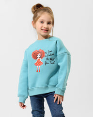 Girls Cute Doll Graphic Sweatshirt | Turquoise - Remint Kids Fashion
