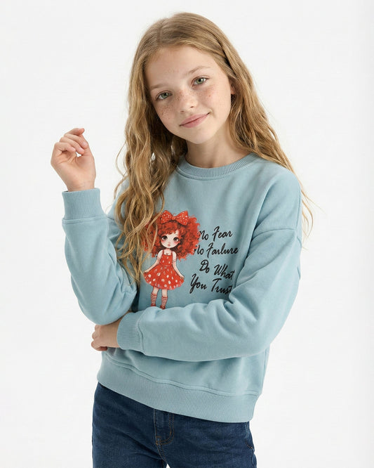 Girls Inspirational Character Print Sweatshirt | Turquoise - Remint Kids Fashion