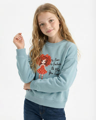 Girls Inspirational Character Print Sweatshirt | Turquoise - Remint Kids Fashion