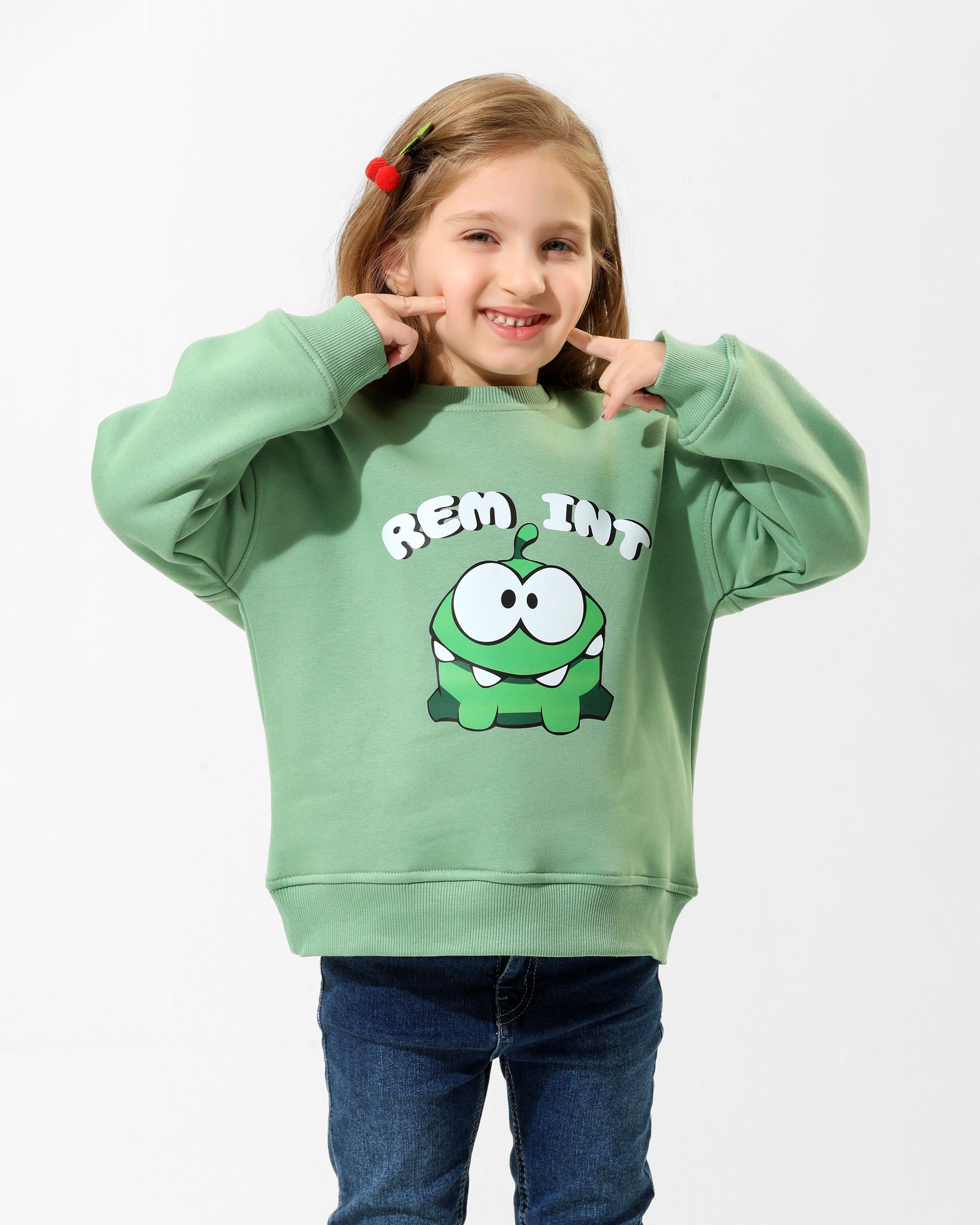 Girls Cute Monster Graphic Sweatshirt | Light Green - Remint Kids Fashion