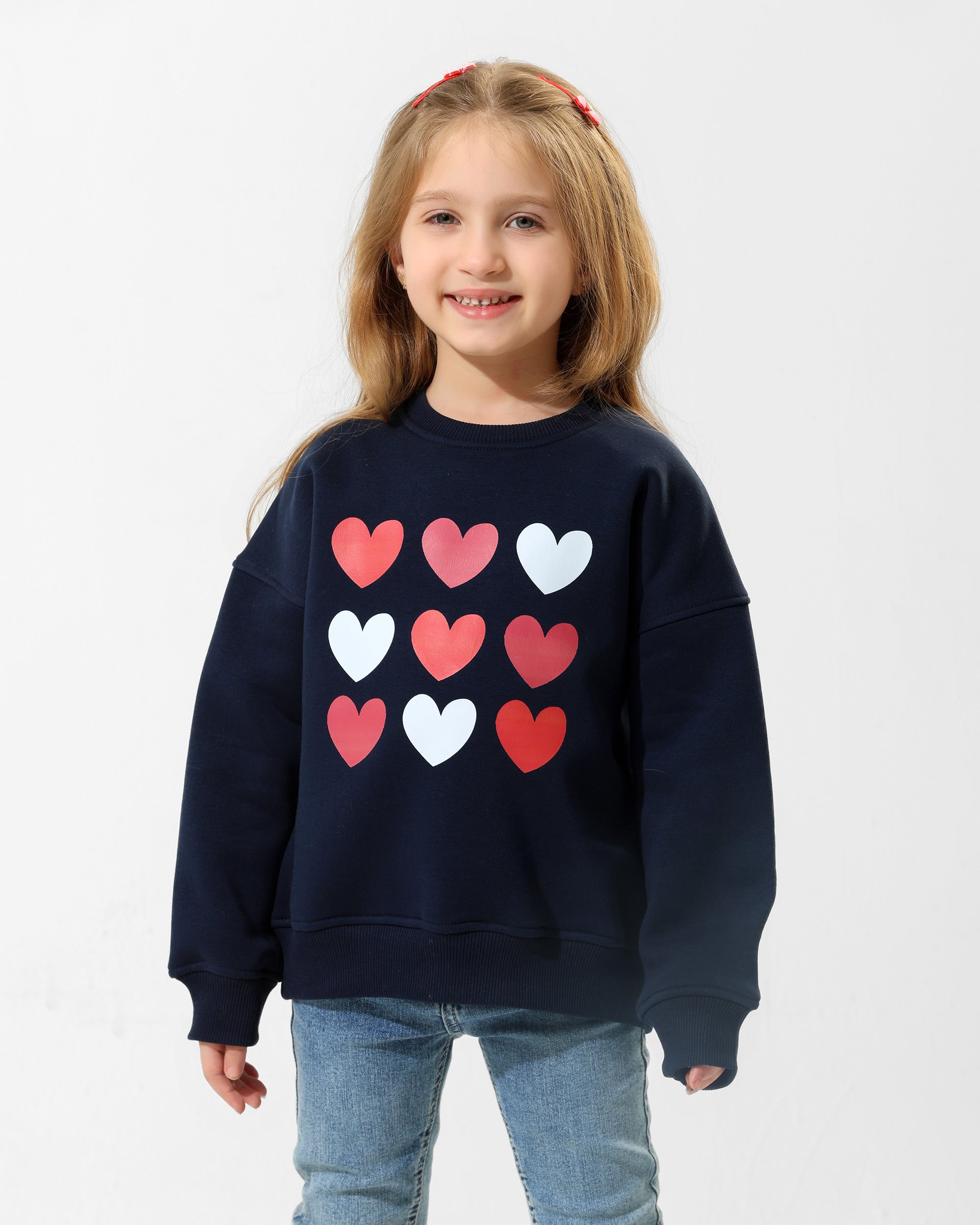 Girls Heart Print Graphic Sweatshirt | Dark Blue - Remint Kids Fashion