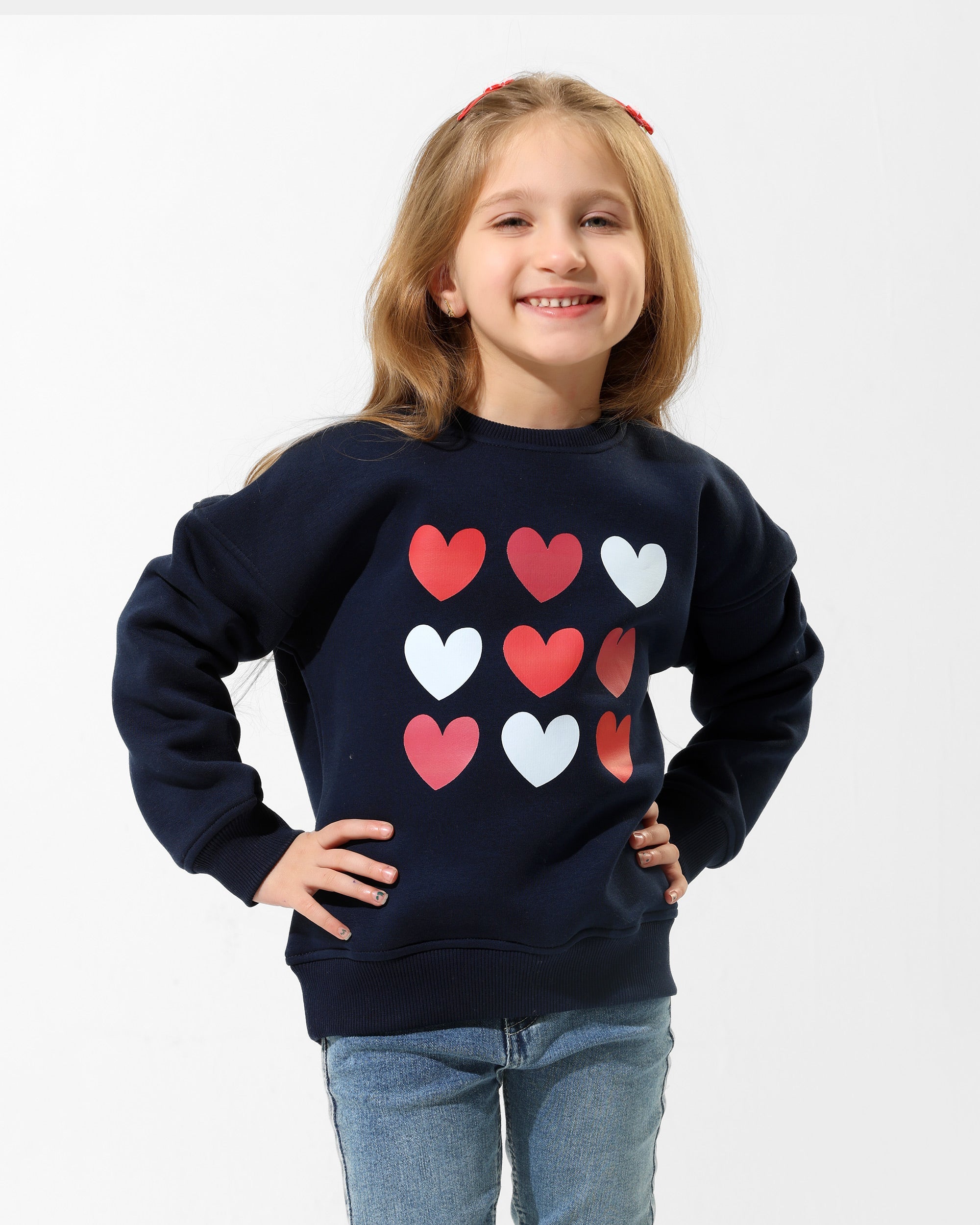 Girls Heart Print Graphic Sweatshirt | Dark Blue - Remint Kids Fashion