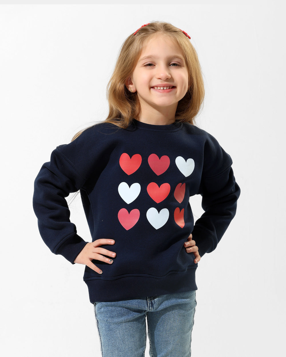 Girls Heart Print Graphic Sweatshirt | Dark Blue - Remint Kids Fashion