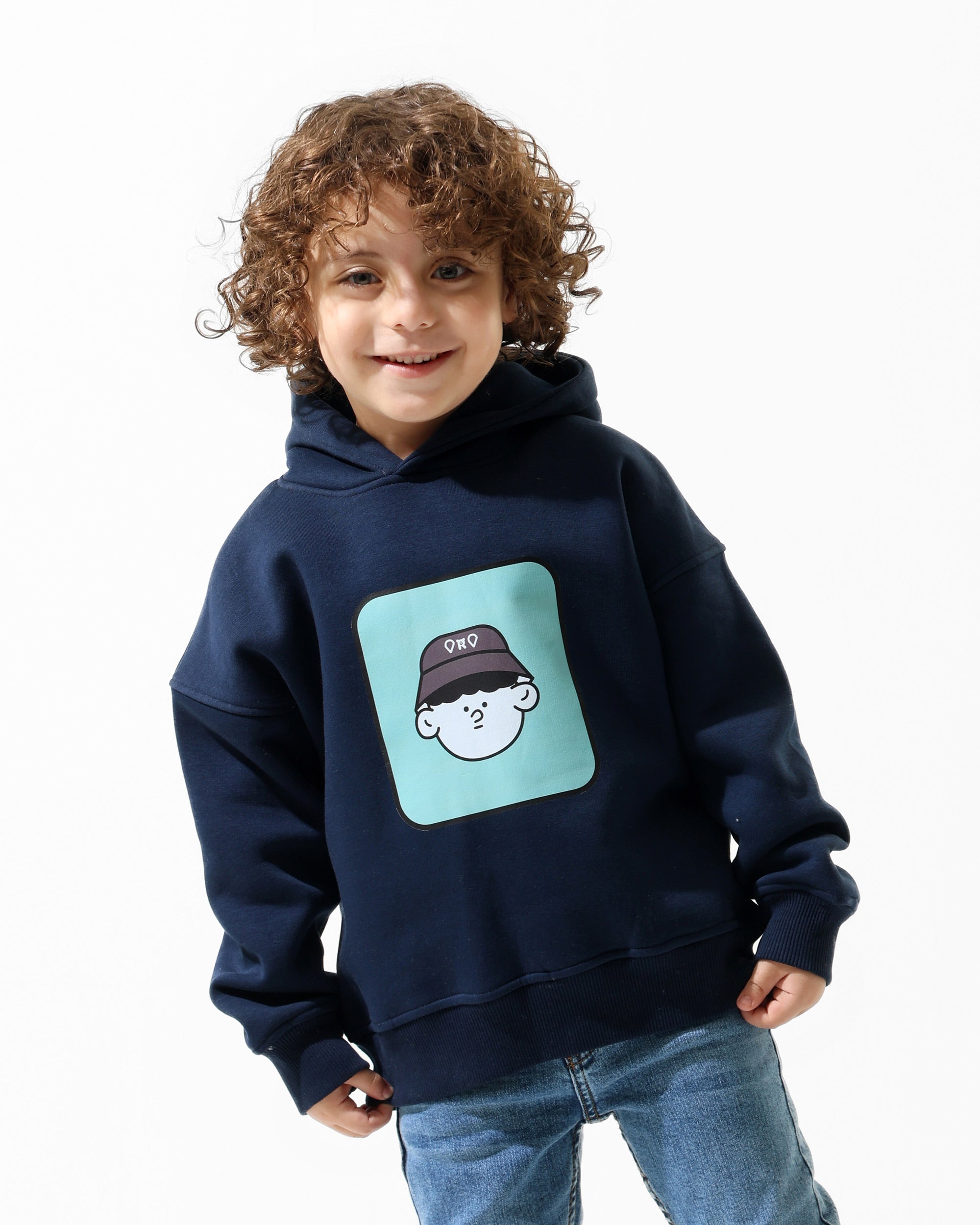 Boys Cartoon Face Graphic Hoodie | Dark Blue - Remint Kids Fashion