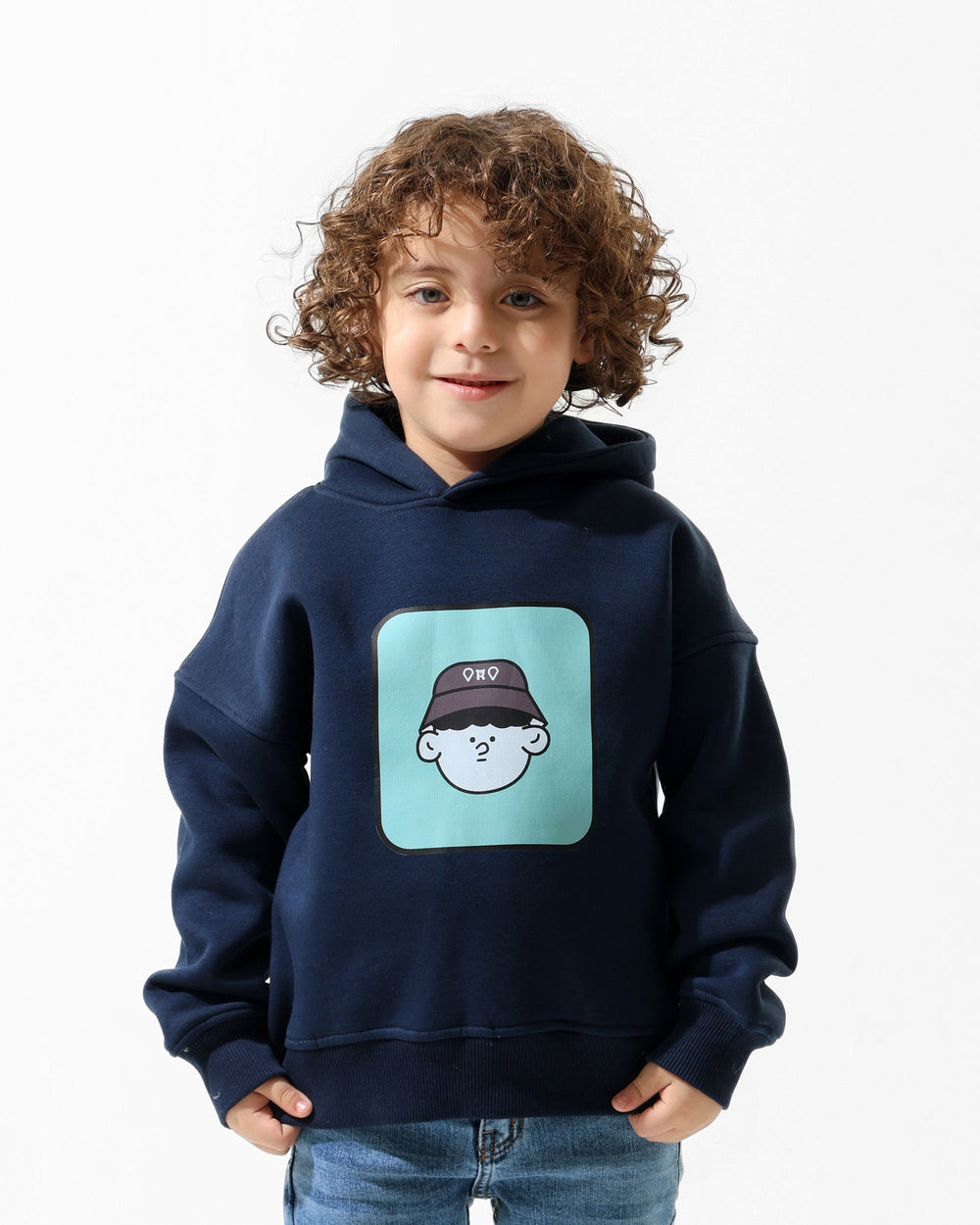 Boys Cartoon Face Graphic Hoodie | Dark Blue - Remint Kids Fashion