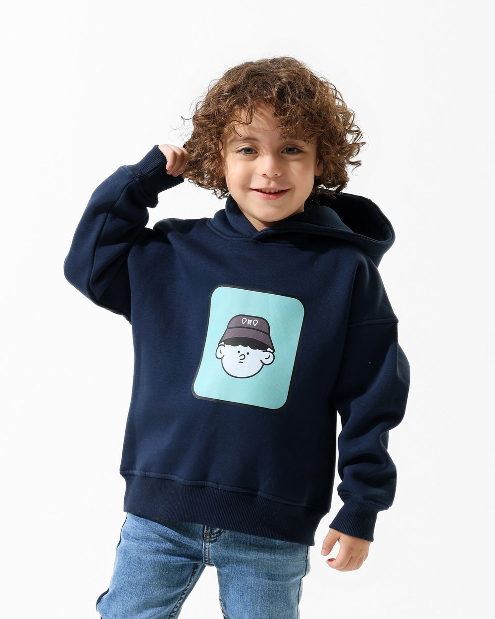 Boys Cartoon Face Graphic Hoodie | Dark Blue - Remint Kids Fashion