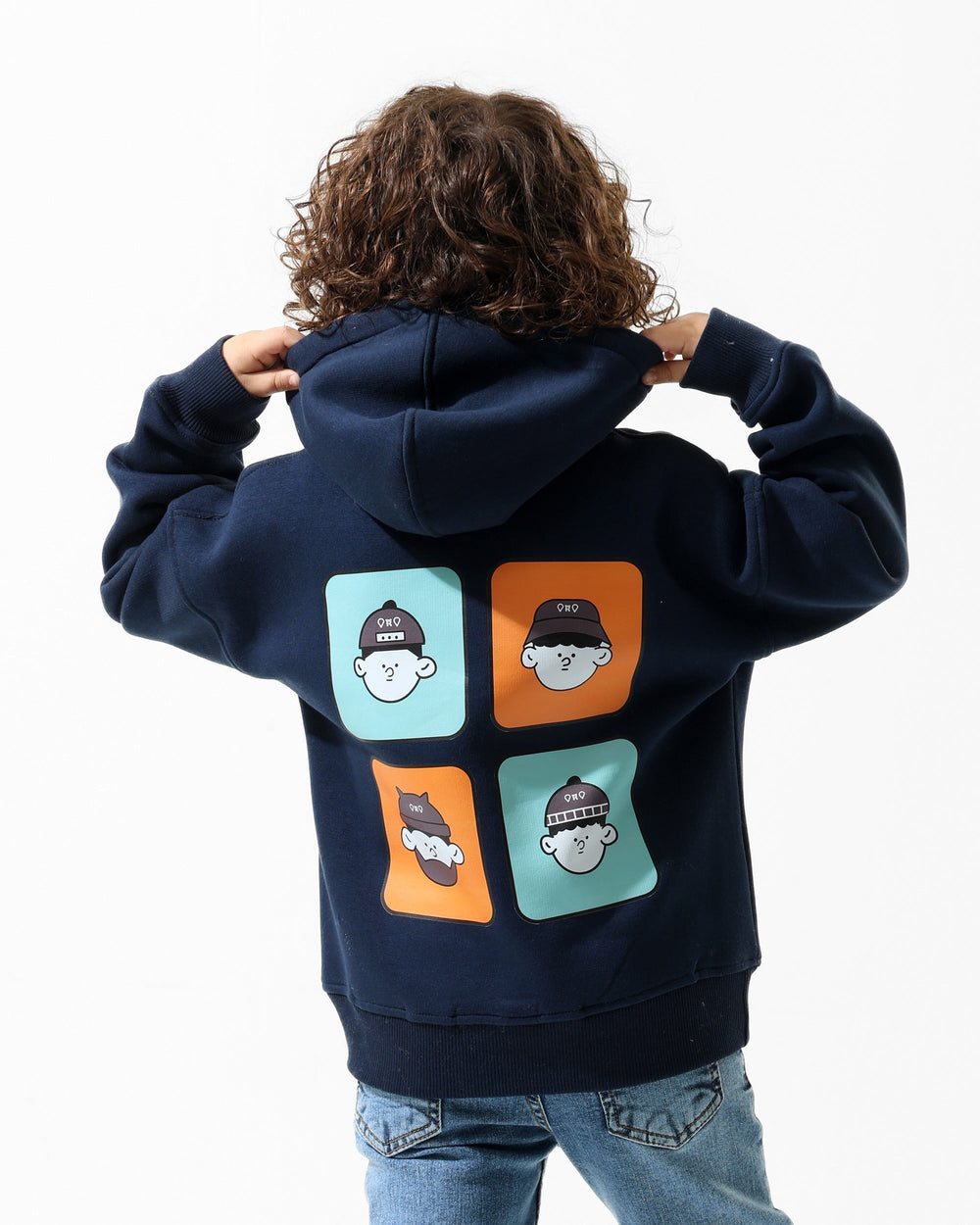 Boys Cartoon Face Graphic Hoodie | Dark Blue - Remint Kids Fashion