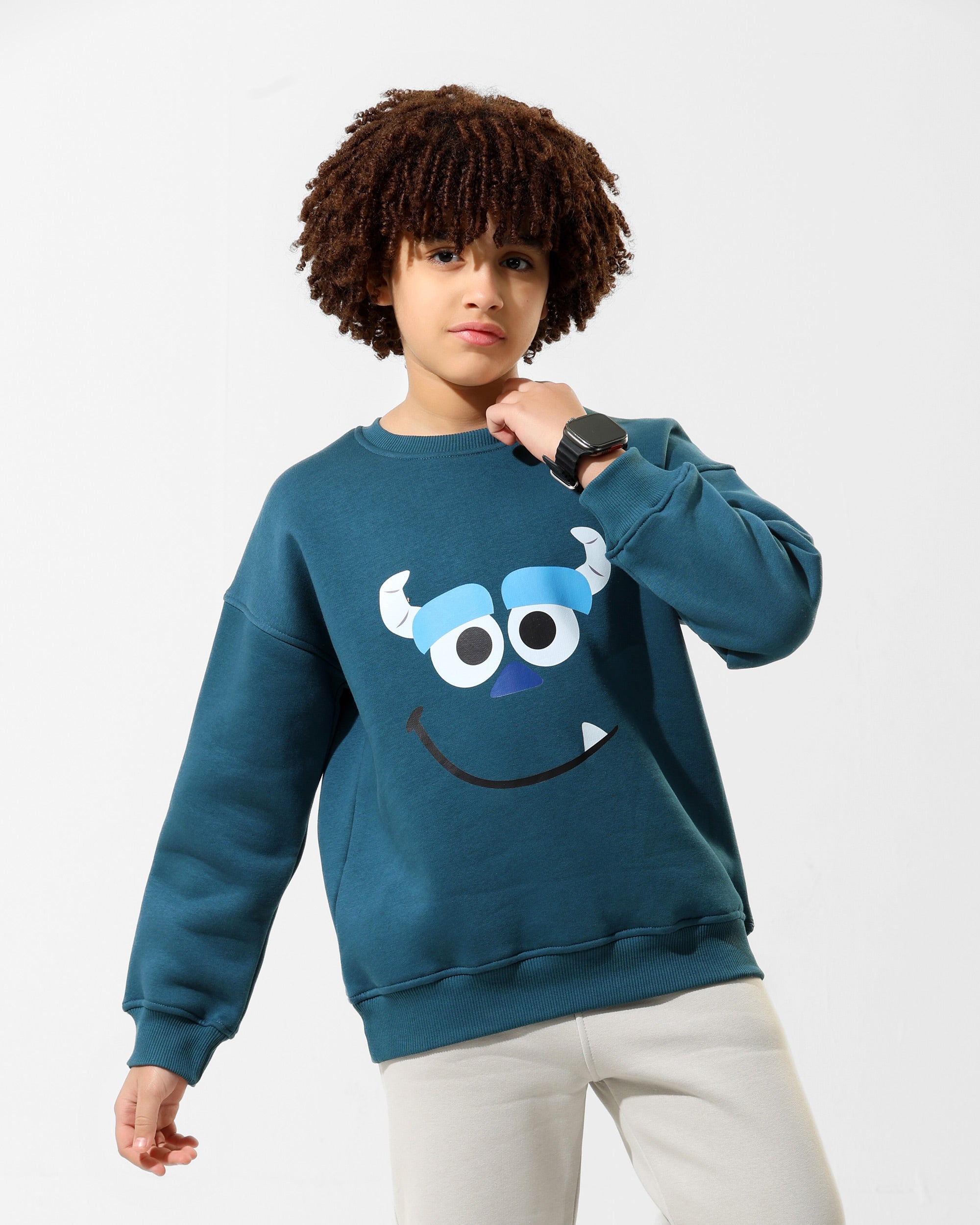 Boys Sulley Face Graphic Sweatshirt | Dark Teal - Remint Kids Fashion