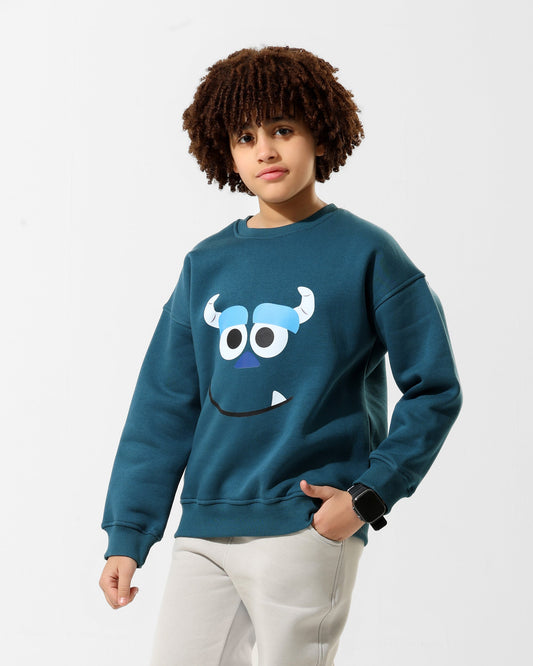 Boys Sulley Face Graphic Sweatshirt | Dark Teal - Remint Kids Fashion