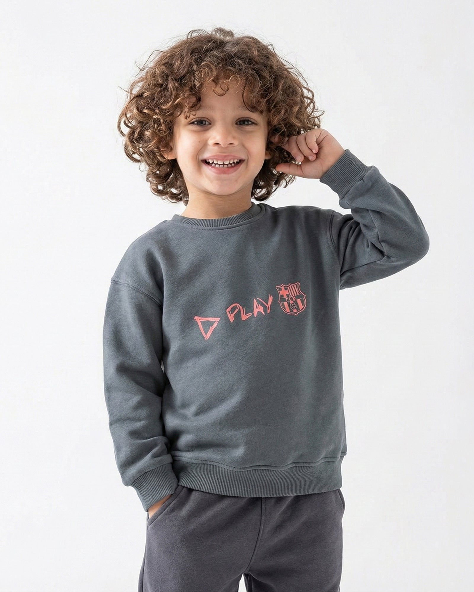 Boys FC Barcelona Play Graphic Sweatshirt | Dark Grey - Remint Kids Fashion