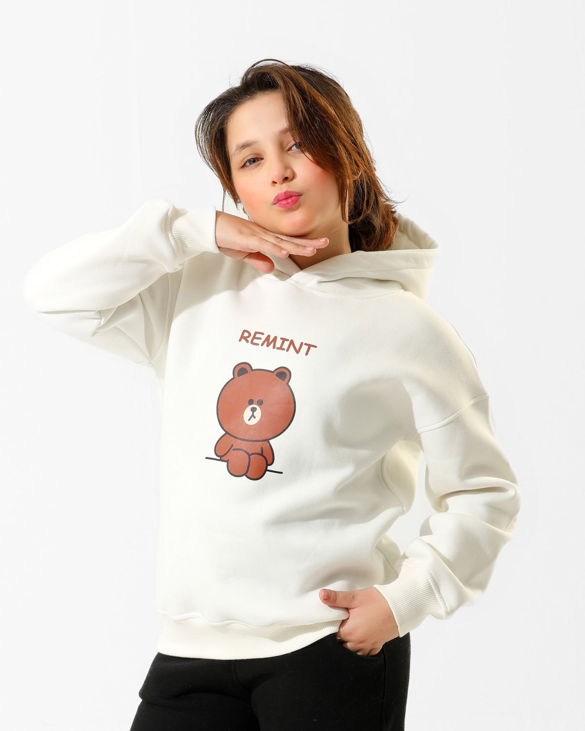 Girls Cute Bear Graphic Hoodie | Off-White - Remint Kids Fashion