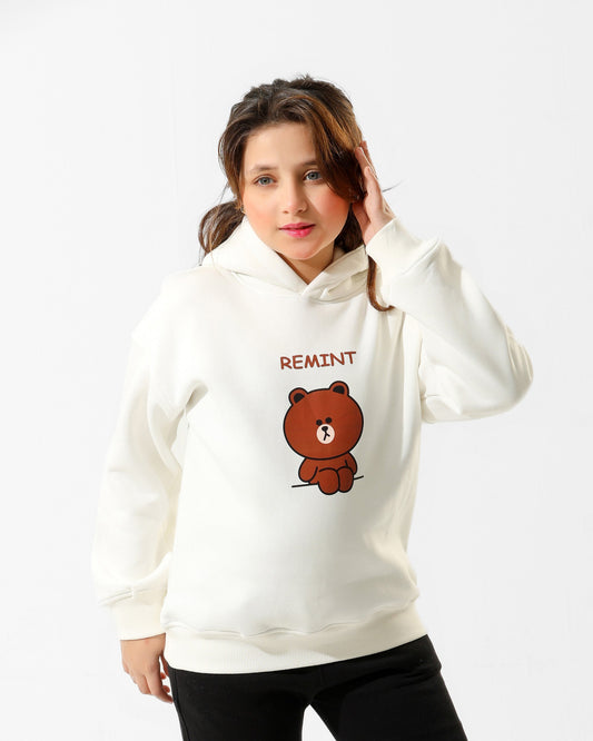 Girls Cute Bear Graphic Hoodie | Off-White - Remint Kids Fashion