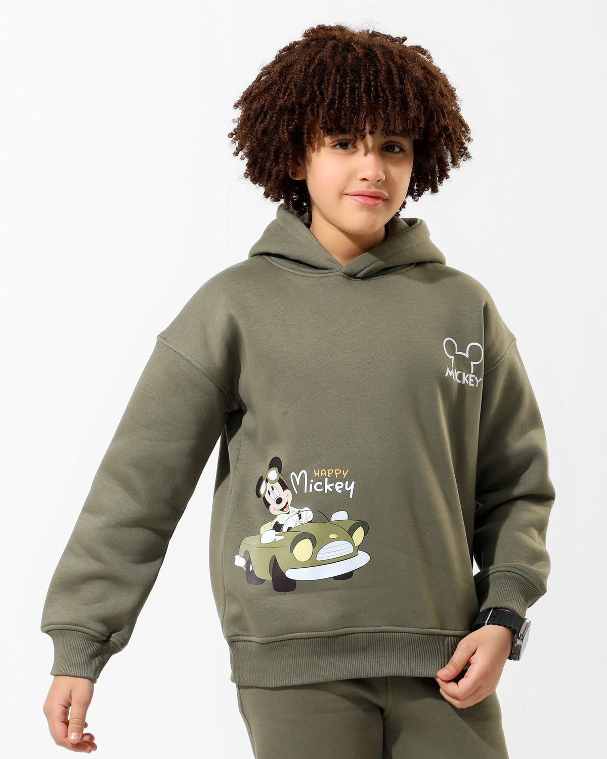 Kids Happy Mickey Olive Hoodie | Olive Green - Remint Kids Fashion