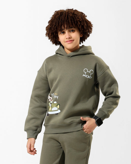 Kids Happy Mickey Olive Hoodie | Olive Green - Remint Kids Fashion