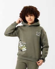 Kids Happy Mickey Olive Hoodie | Olive Green - Remint Kids Fashion