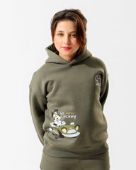 Kids Happy Mickey Olive Hoodie | Olive Green - Remint Kids Fashion