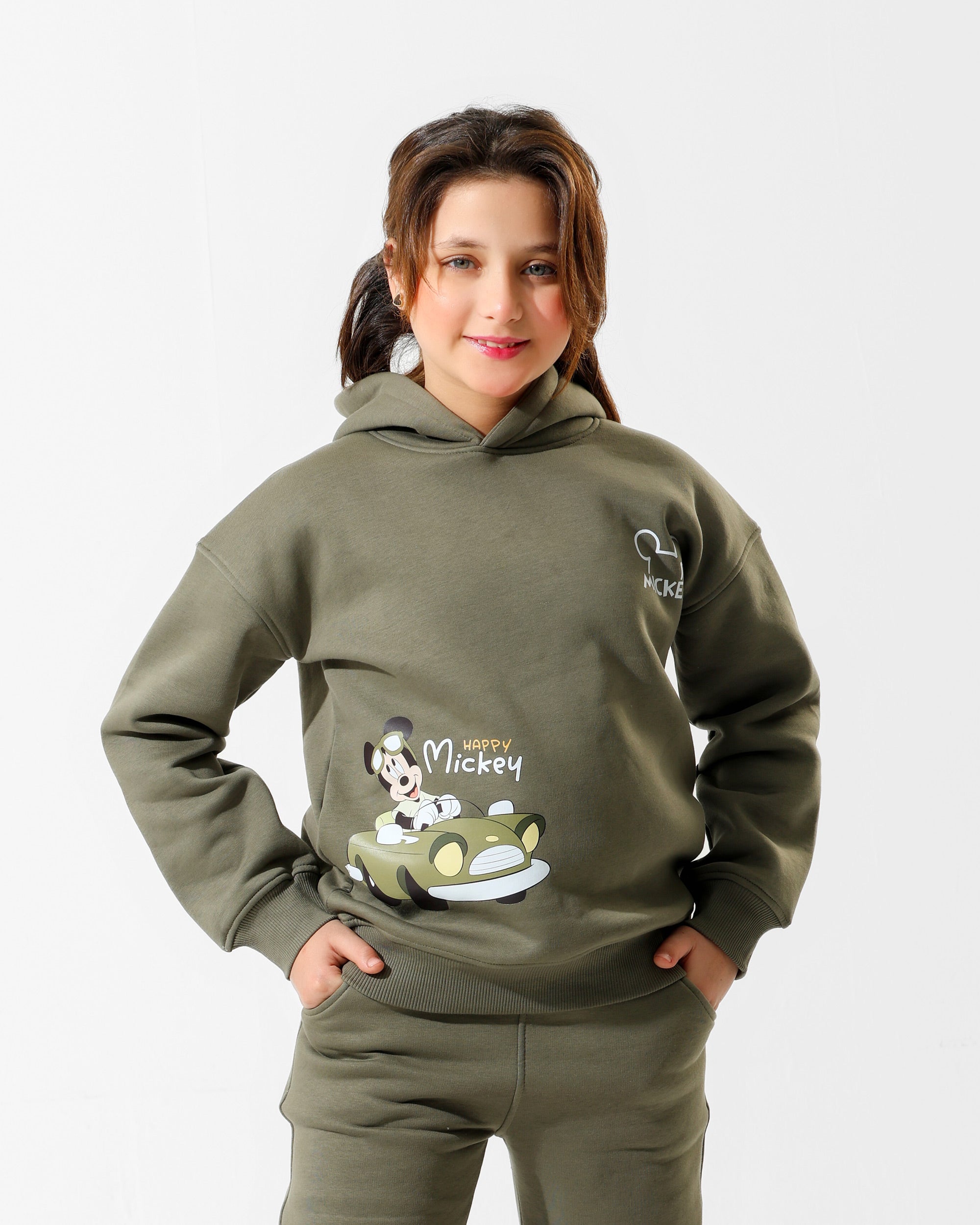 Kids Happy Mickey Olive Hoodie | Olive Green - Remint Kids Fashion
