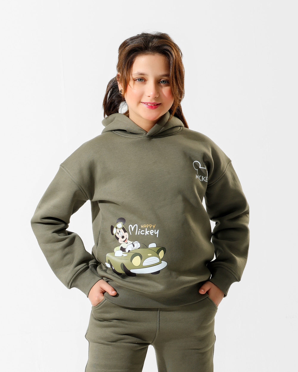 Kids Happy Mickey Olive Hoodie | Olive Green - Remint Kids Fashion