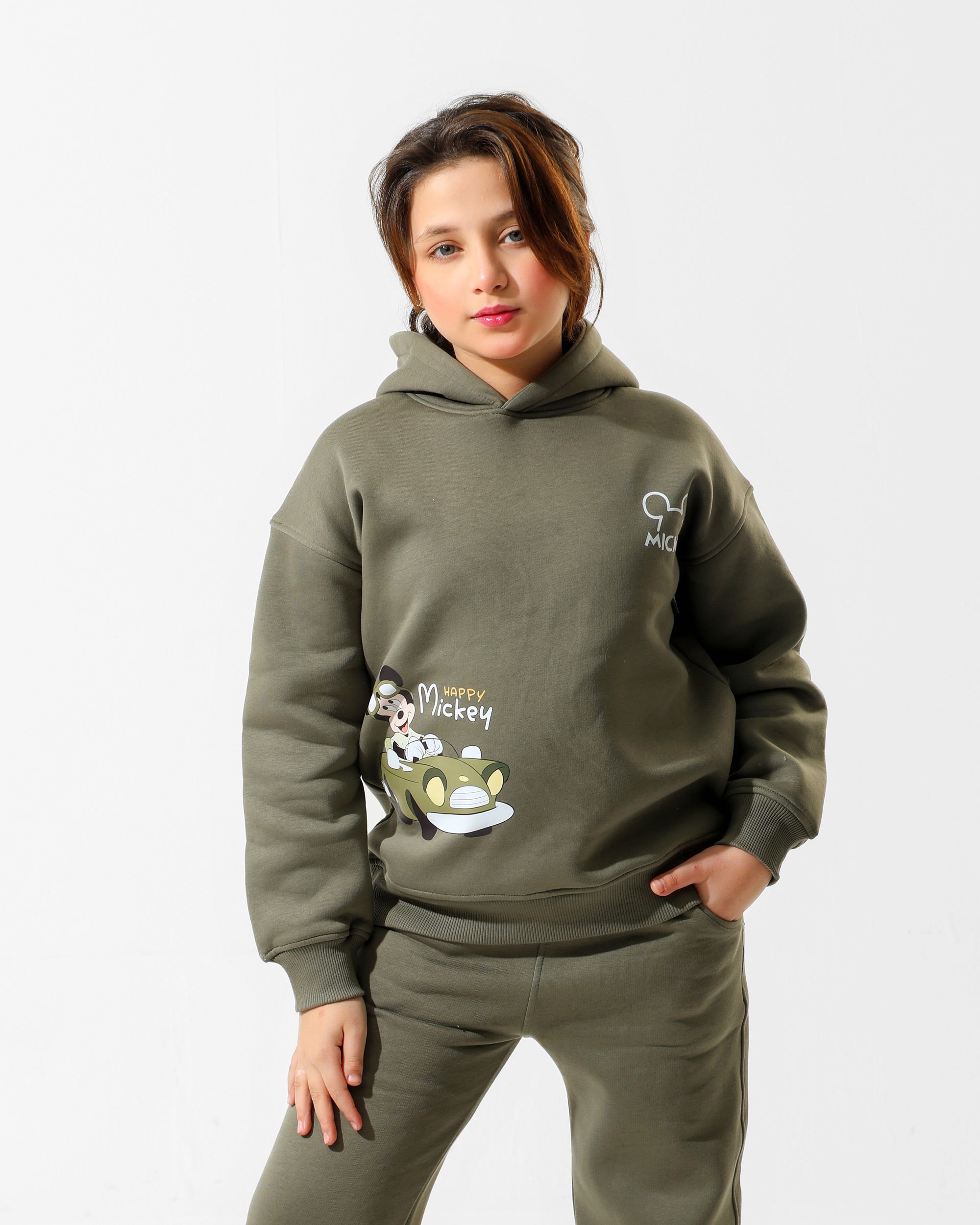 Kids Happy Mickey Olive Hoodie | Olive Green - Remint Kids Fashion
