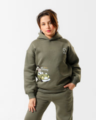 Kids Happy Mickey Olive Hoodie | Olive Green - Remint Kids Fashion